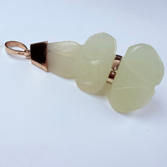 Estate 14K Gold Old Chinese Carved Mutton Fat White Jade Nephrite 3.2" Pendant - Picture 6 of 12
